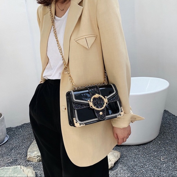 Graphite Chain Glitter Leather Shoulder Bag / Crossbody Bag (Black) - Picture 4 of 7